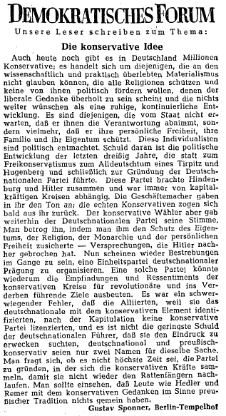Konservatismus-Debatte 1950, Lesermeinung im "Demokratischen Forum", <a href="/tagesspiegel/">Tagesspiegel</a> #OTD vor 70 Jahren. <a href="/TspCausa/">Tagesspiegel Causa</a>