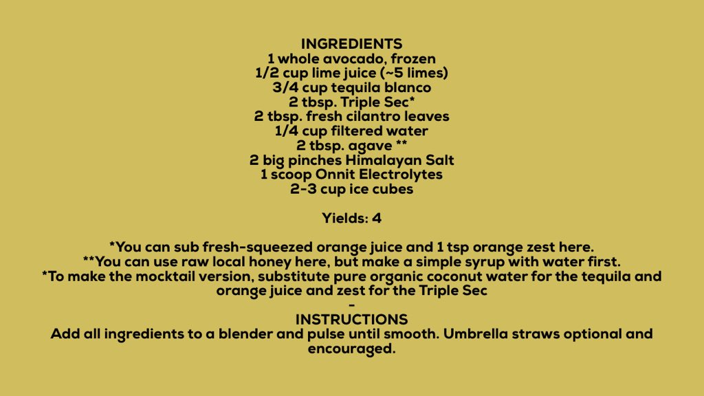Onnit's tweet photo. Recipe for Frozen Avocado Electrolyte Margarita recipe by @livlangdon.⁠ https://t.co/ksYjEo75y3