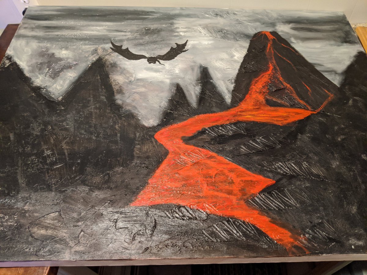 ArtsyJinx's tweet photo. It's been too long my friends, I must try again to post!! Here's what I've been working on. Shoot me #ideas if you have any. I'm going too add more #dragons flying in the distance. First large oil painting.. haven't #painted with oils very much, any tips?? #ImBack ! #oilpainting https://t.co/E8bDCW4kr3