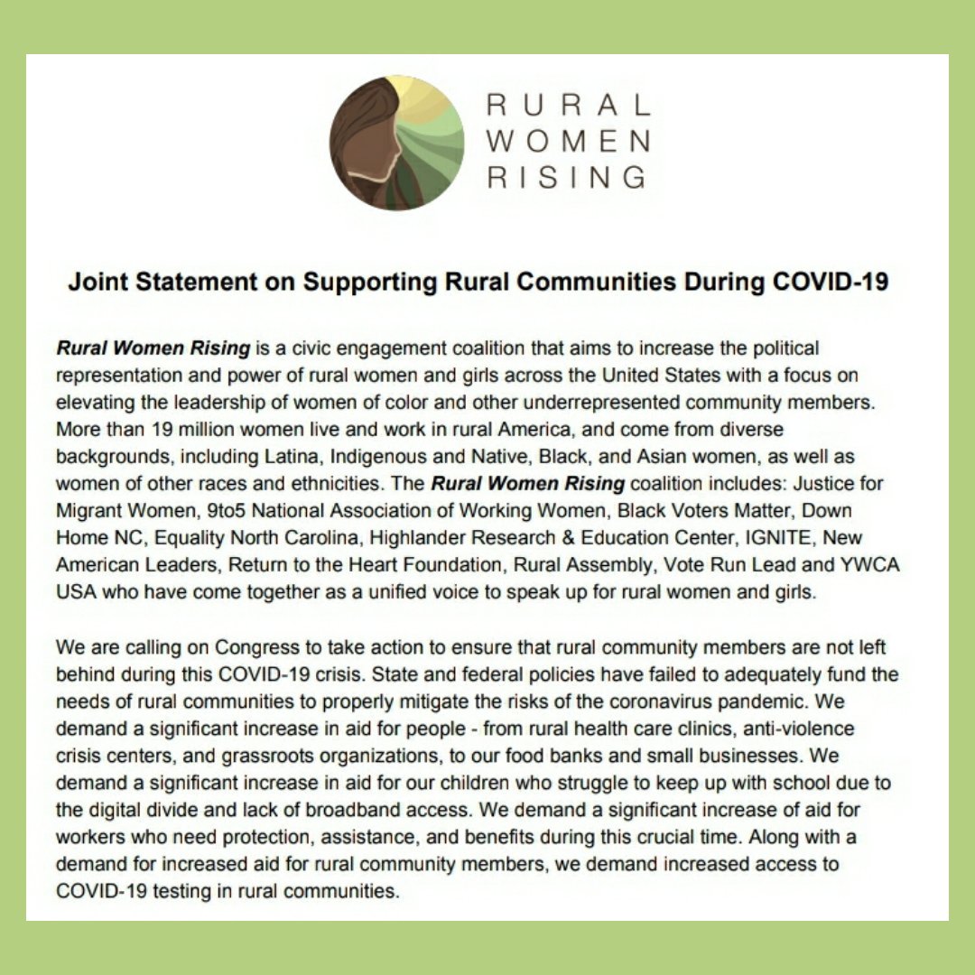 Urgent action is required to ensure #RuralCommunity members receive aid to survive the COVID-19 crisis.
#RuralWomenRIsing asks Congress to provide immediate relief to these #EssentialWorkers in the next
stimulus bill. Read more at bit.ly/2YuobfT.

#SupportRuralWomen