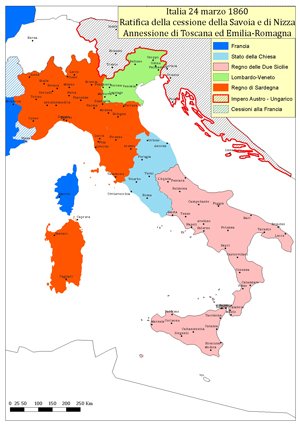 Thus, when Garibaldi set off on his expedition in the night between 5th and 6th May 1860, the map of Italy looked like the one below. The Austrian occupied territory in the north-east would be liberated later. The aim now was to conquer Sicily & the south >> 19