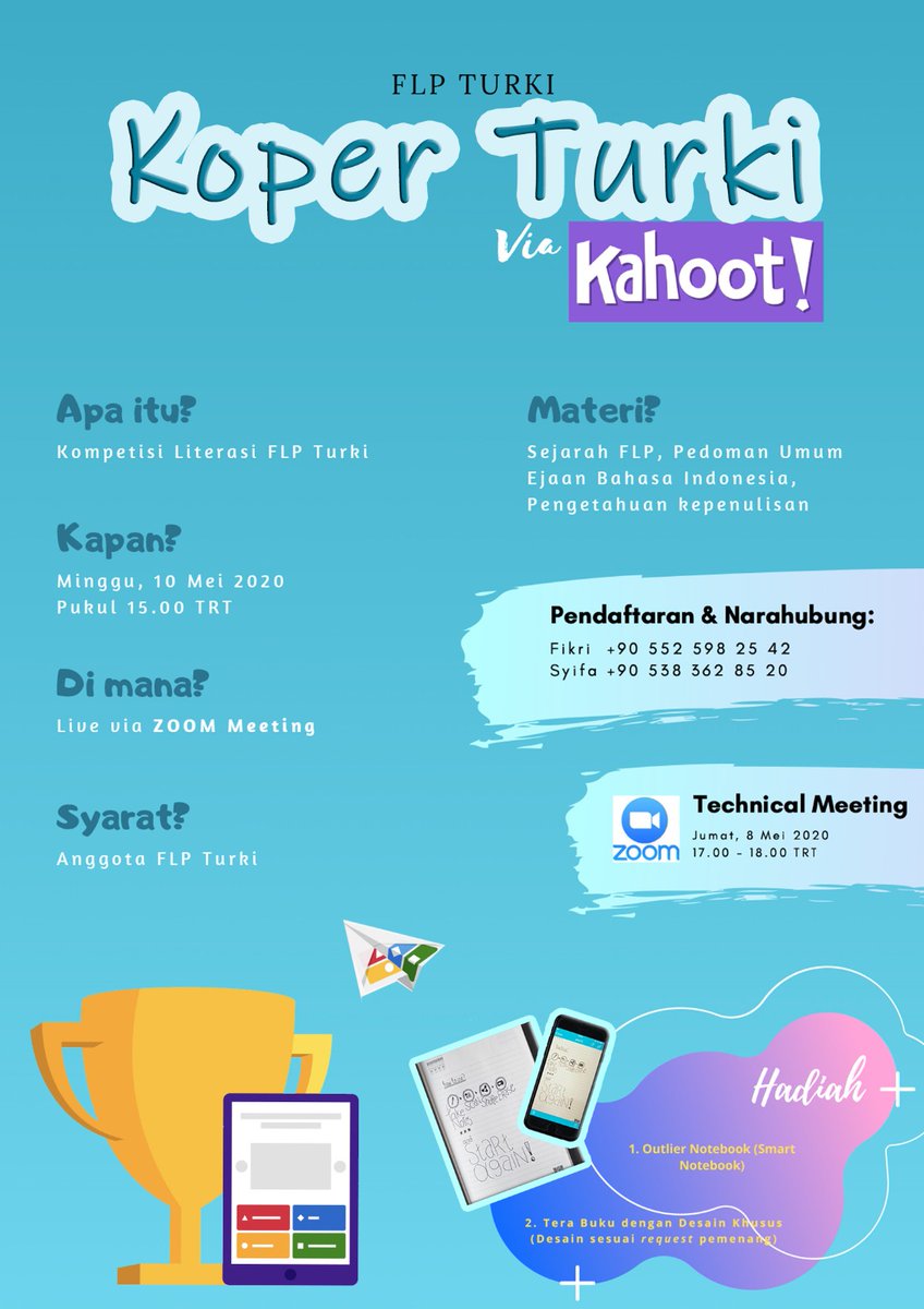 flpturki's tweet photo. Kompetisi Literasi FLP Turki "Koper Turki"

Waktu: Jum’at , 8 Mei 2020 pukul 17.00-18.00
Syarat: Anggota FLP Turki
Materi: Sejarah FLP, pedoman umum, ejaan Bahasa Indonesia, pengetahuan kepenulisan.

Fikri : 0 552 598 25 42
Syifa: 0 538 362 85 20 https://t.co/kTdmmEnPqG