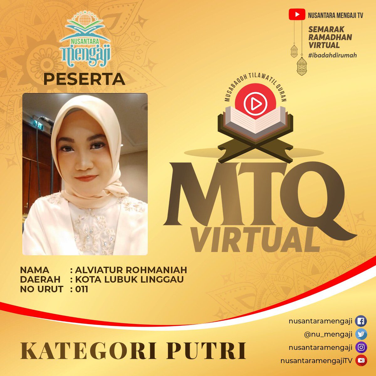 youtu.be/Xky_RCOqTC8
Peserta MTQ Virtual Nusantara Mengaji
Kategori Putri No Urut 011
Alviatur Rohmaniah, Lubuk Linggau, Sumsel

Untuk melihat seluruh penampilan peserta se Nusantara Jangan Lupa SUBSCRIBE

#nusantaramengaji 
#mtqvirtual 
#dirumahaja 
#stayhome 
#ibadahdirumah