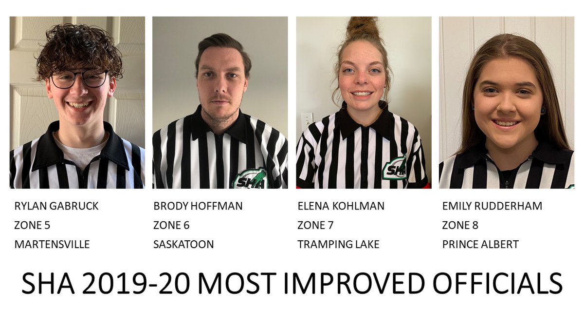 Congratulations to Rylan Gabruck, Brody Hoffman, Elena Kohlman and Emily Rudderham. These officials were selected as the SHA Zone Award Winner for the Most Improved Official for the 2019-20 season.
Click here for full details: sha.sk.ca/officials/news…
#EarningYourStripes