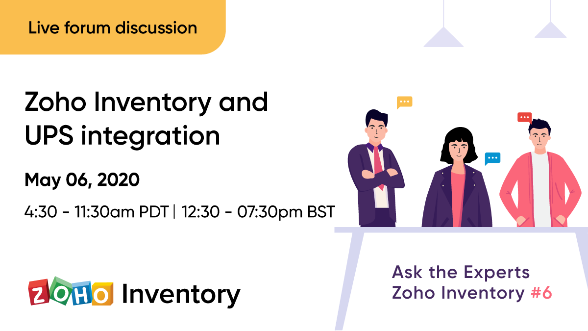 ZohoInventory's tweet image. Find out all you need to know about the @UPS and @ZohoInventory integration! Join us along with the @ZohoCommunity, and discuss with the experts during Episode #6 of 'Ask the Experts - Zoho Inventory'. Find out more: zcu.io/njxt 
#AskTheExperts #UPSshipping