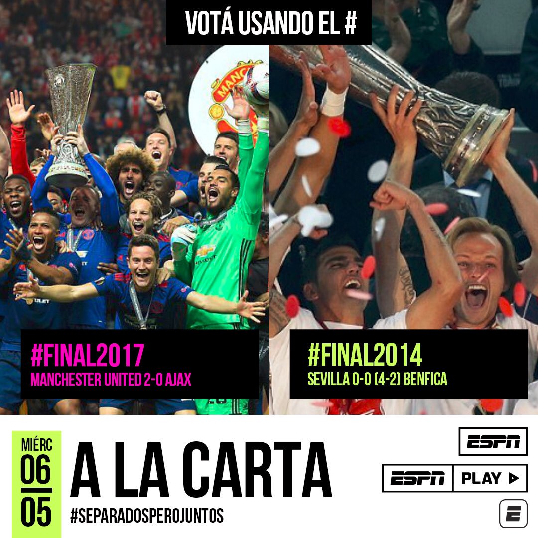 ESPNFutbolClub's tweet photo. #ESPNALaCarta Ustedes eligen el partido que volveremos a ver: este miércoles, a las 20 hs (ARG/URU) 18 hs (COL/PER), disfrutaremos todos juntos de una gran final de Europa League, ¿pero cuál? ¡Pueden votar con el #️⃣! 👇
#FINAL2017
#FINAL2014 https://t.co/1cTsFaEODS