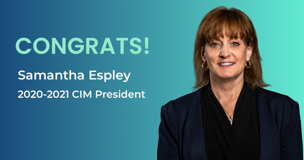 CIM is proud to announce Samantha Espley as the 2020-2021 CIM President. A #mining industry professional with 30 years at Vale, we're excited to have her leadership and guidance. Get to know her by reading her bio: bit.ly/2yvuu8p