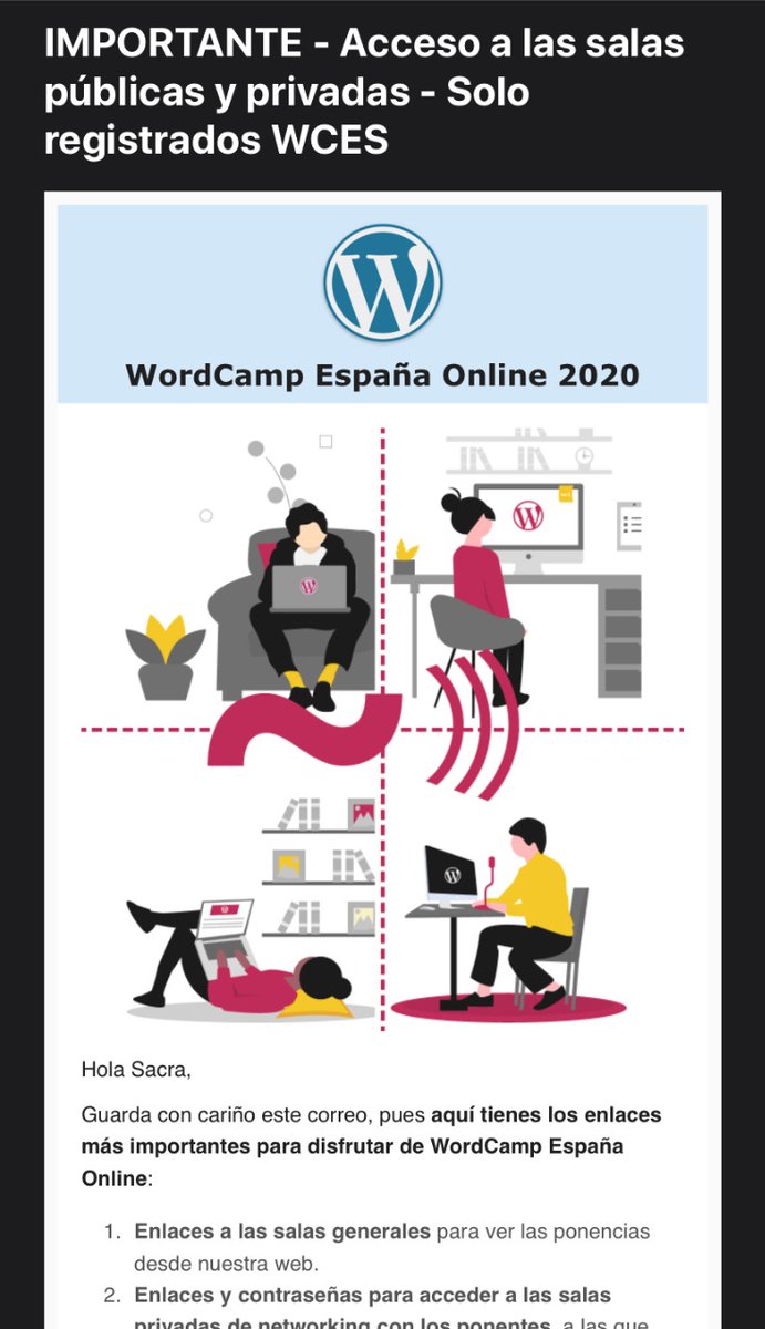 wp_es's tweet photo. ¡IMPORTANTE ... MUY IMPORTANTE! 
Queridos #asistentes registrados al mayor evento de #WordPress en español del mundo. Hace aproximadamente una hora que ten��is en vuestros correos el visado de entrada a #WCES. 
❤ Guardad este email con mucho cariño ❤ ¡Que comenzamos! https://t.co/y9VQNGhszE