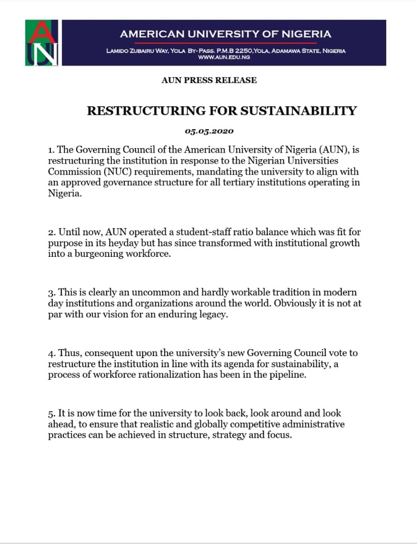 AUNigeria's tweet photo. AUN Press Release:
RESTRUCTURING FOR SUSTAINABILITY
05/05/2020 https://t.co/vc3hubuBip
