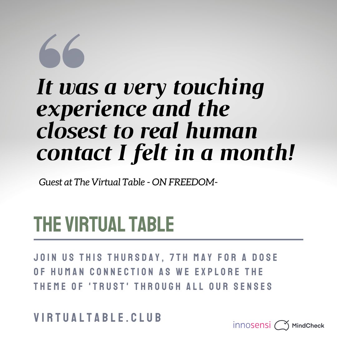 thevirtualtable's tweet photo. If you’re missing authentic #human #connection in this time of social distancing &amp; self-isolation, please do join us around @thevirtualtable this Thursday when we explore the theme of #TRUST through all our senses. A fun, relaxed evening. Book your seat at https://t.co/5C3QTYz7L6 https://t.co/RMArf9En1b