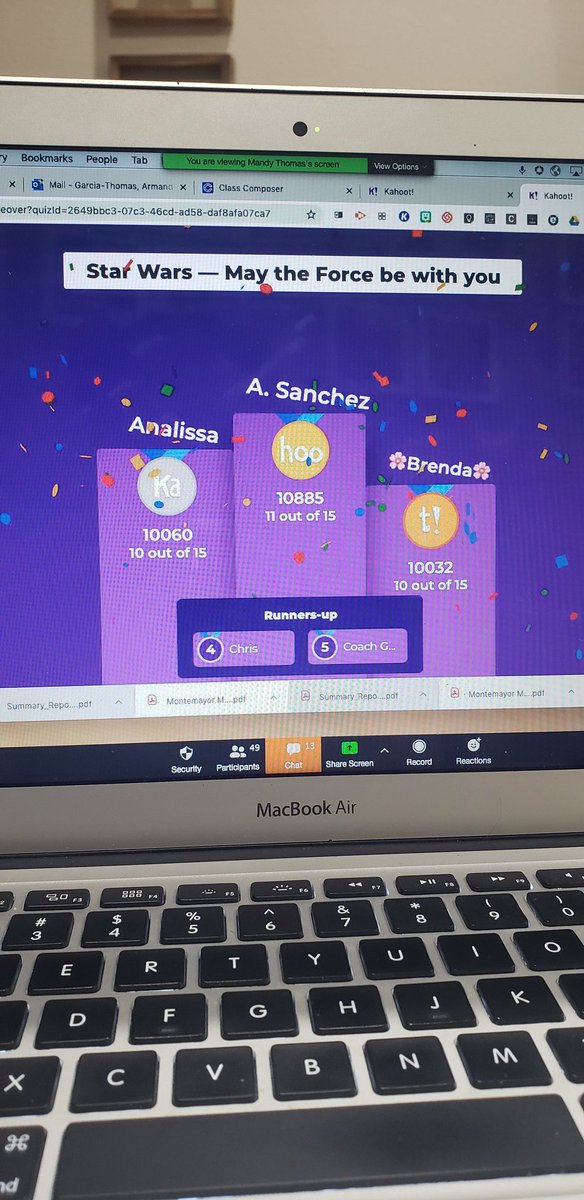 inquiringleader's tweet photo. May the 4th be with you! Played a Star Wars themed Kahoot! with my staff for Teacher Appreciation Week. So fun! Congrats to our top 3 winners: 🎉Mr. Sanchez, Mrs. Passement, and Mrs. Vidales! 🎉 https://t.co/hm7LBcdarO