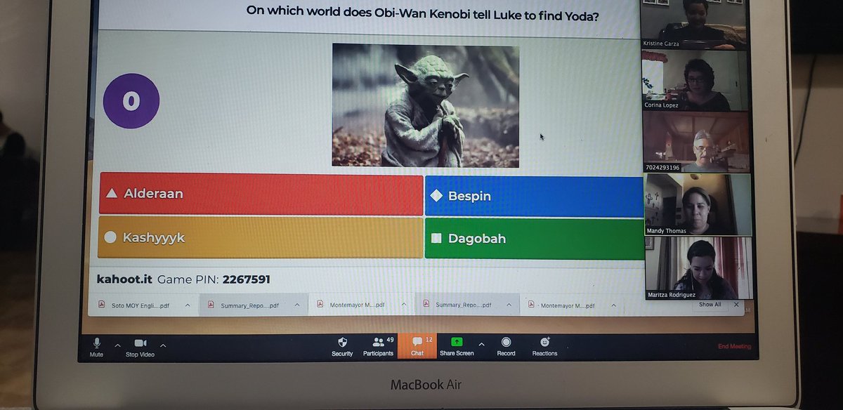 inquiringleader's tweet photo. May the 4th be with you! Played a Star Wars themed Kahoot! with my staff for Teacher Appreciation Week. So fun! Congrats to our top 3 winners: 🎉Mr. Sanchez, Mrs. Passement, and Mrs. Vidales! 🎉 https://t.co/hm7LBcdarO