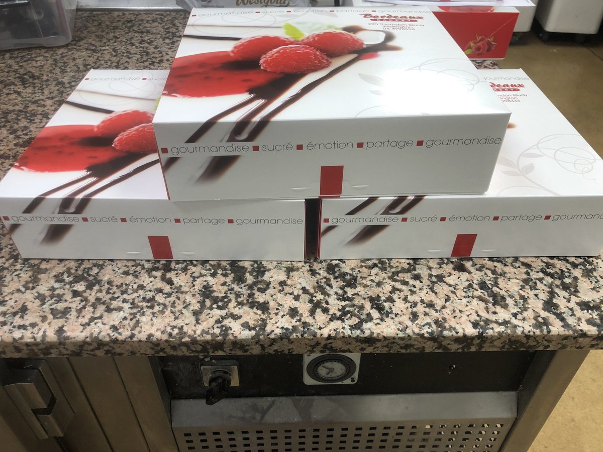 BakeryBordeaux's tweet photo. Three yummy gateaux boxed up and ready for delivery to the winners of our follower give-away:
@StuFlemingNZ
@faewriter
@darrenbutter https://t.co/XCry8IjFkp
