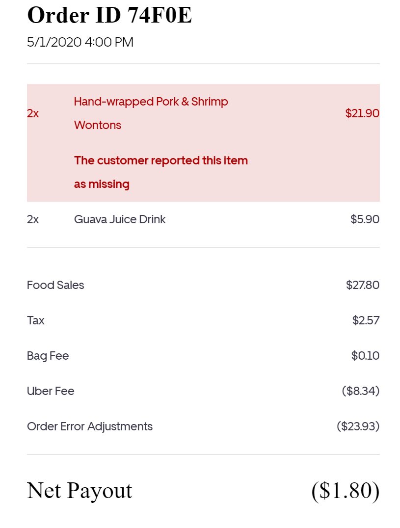 thewillywang's tweet photo. @susie_c @ChiPizzaBoss Thanks for exposing the struggle. We got hit with a NEGATIVE PAYOUT on an UberEats order. Ultimately, restaurants also bear the responsibility of “errors” by delivery people as customers don’t know the difference. https://t.co/bzxHI2M1ME