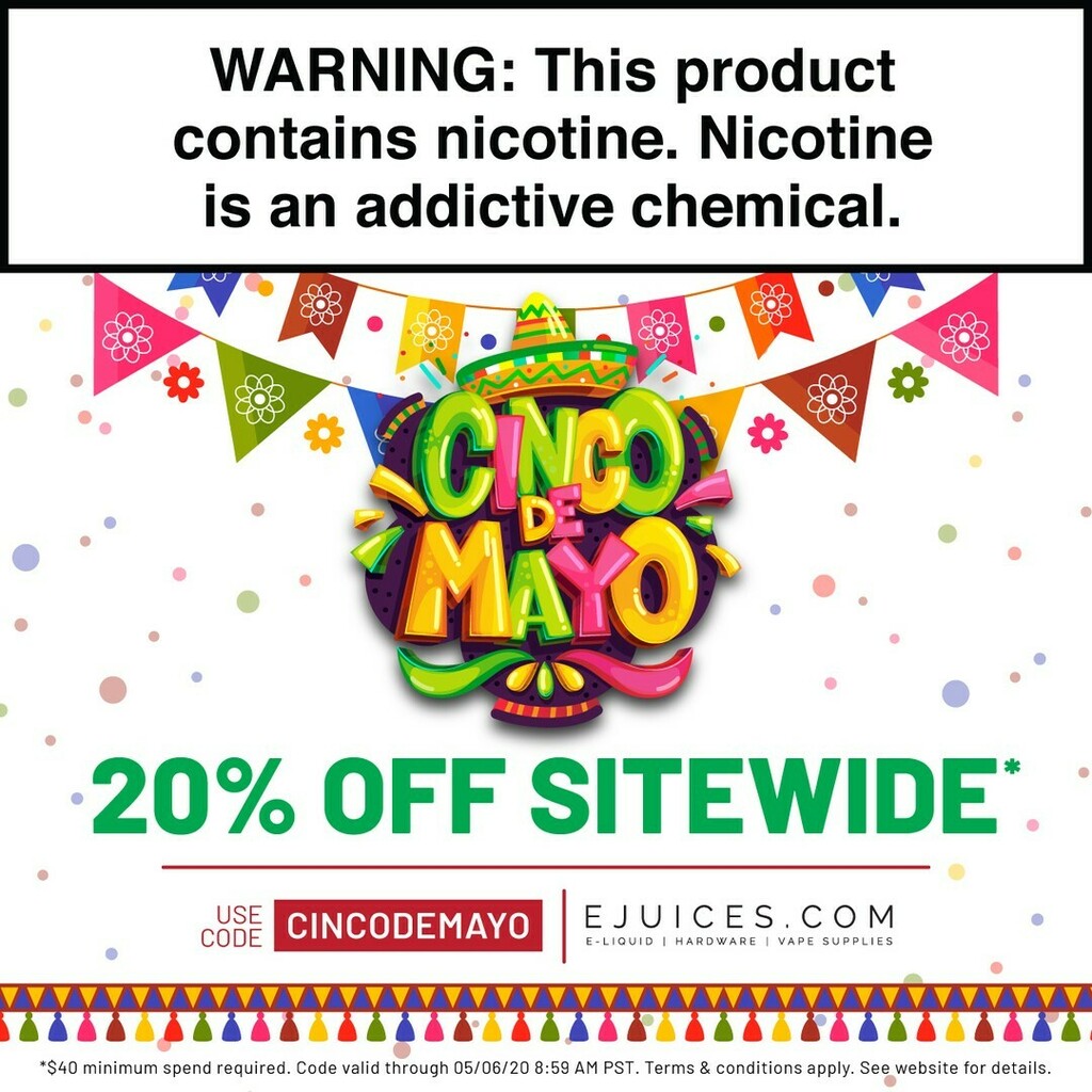 eJuicescom's tweet photo. Feliz Cinco de Mayo! 🎉 Celebrate with a huge SITEWIDE sale! 🤑 Shop now at https://t.co/1j118be8Ur and be sure to use code CINCODEMAYO at checkout.

#vape #vapesale #cincodemayo #fiesta https://t.co/mIewWUmDSQ