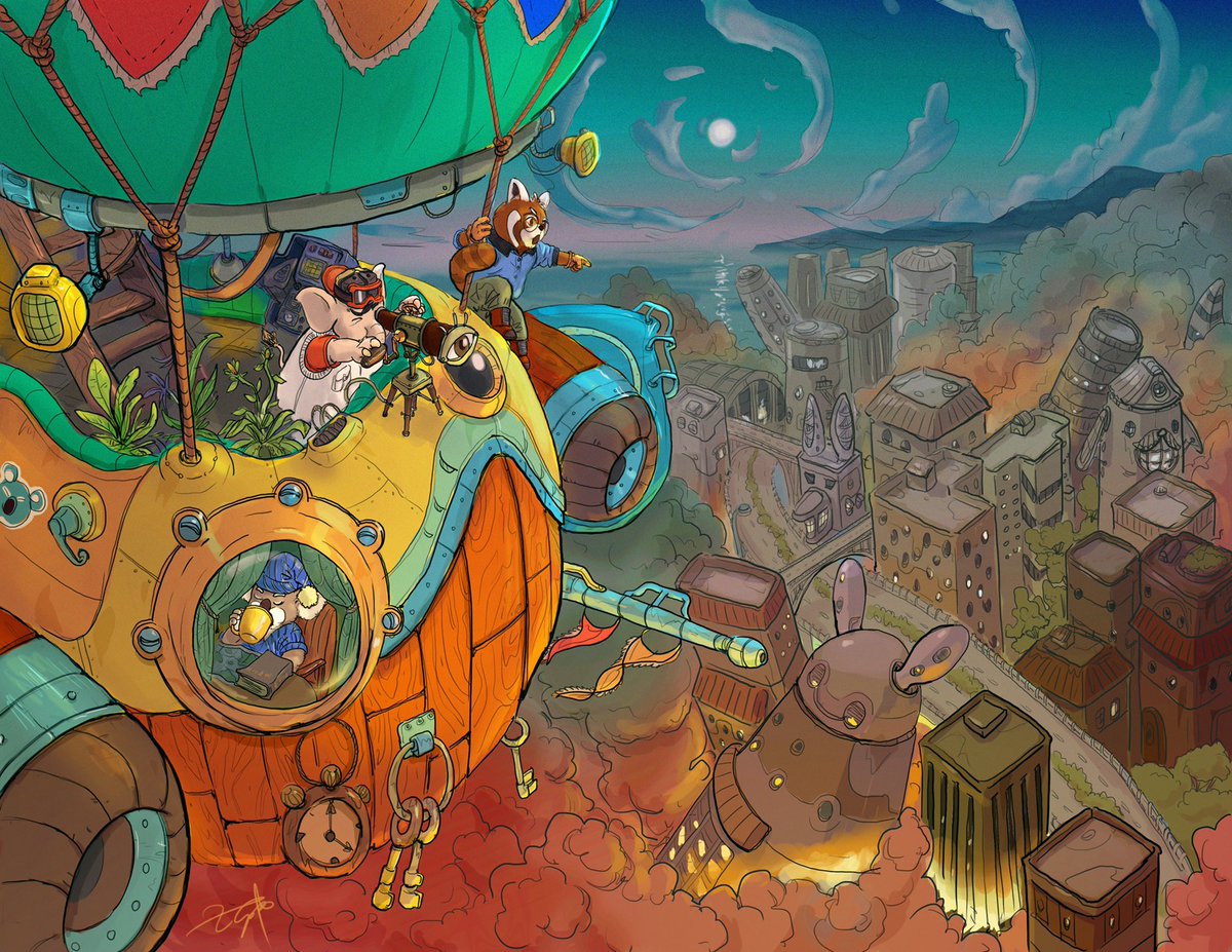 MagicWangLewei's tweet photo. #sillycanvale Friends. Flying through the chaos. #wlwstory #illustration #comic #hotballoon #city #cityfire #spaceship #dailyartpushups https://t.co/R7O51k4rkz