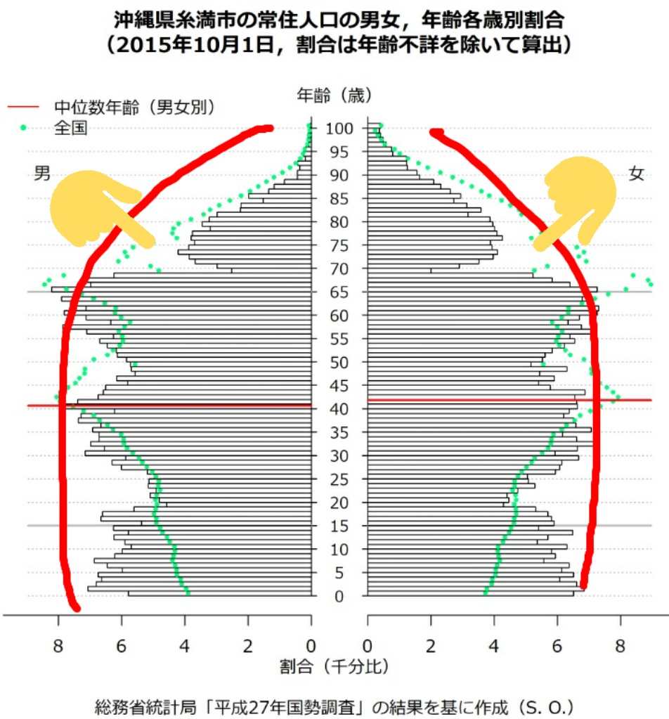 法政大学地理学研究会 3枚目 これは沖縄県のものです 沖縄県は出生率が高い県で 全体的に釣鐘型のピラミッドになります また70代の凹みは沖縄戦の被害を表しています 4枚目 これは大学のある街の人口ピラミッドです 京田辺市には同志社大学があり