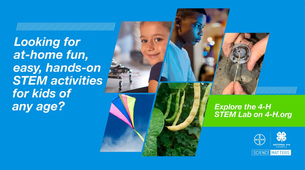 Bayer4CropsUS's tweet photo. #Parents: Are you looking for fun and easy ways to get your kids interested in #science?

@4H provides fun, hands-on #STEM opportunities and activities for kids of all ages through the #STEMLabs! https://t.co/JcyK1AmU3s

#4HatHome #ScienceMatters #LearnAtHome https://t.co/RTvI5DIfMD