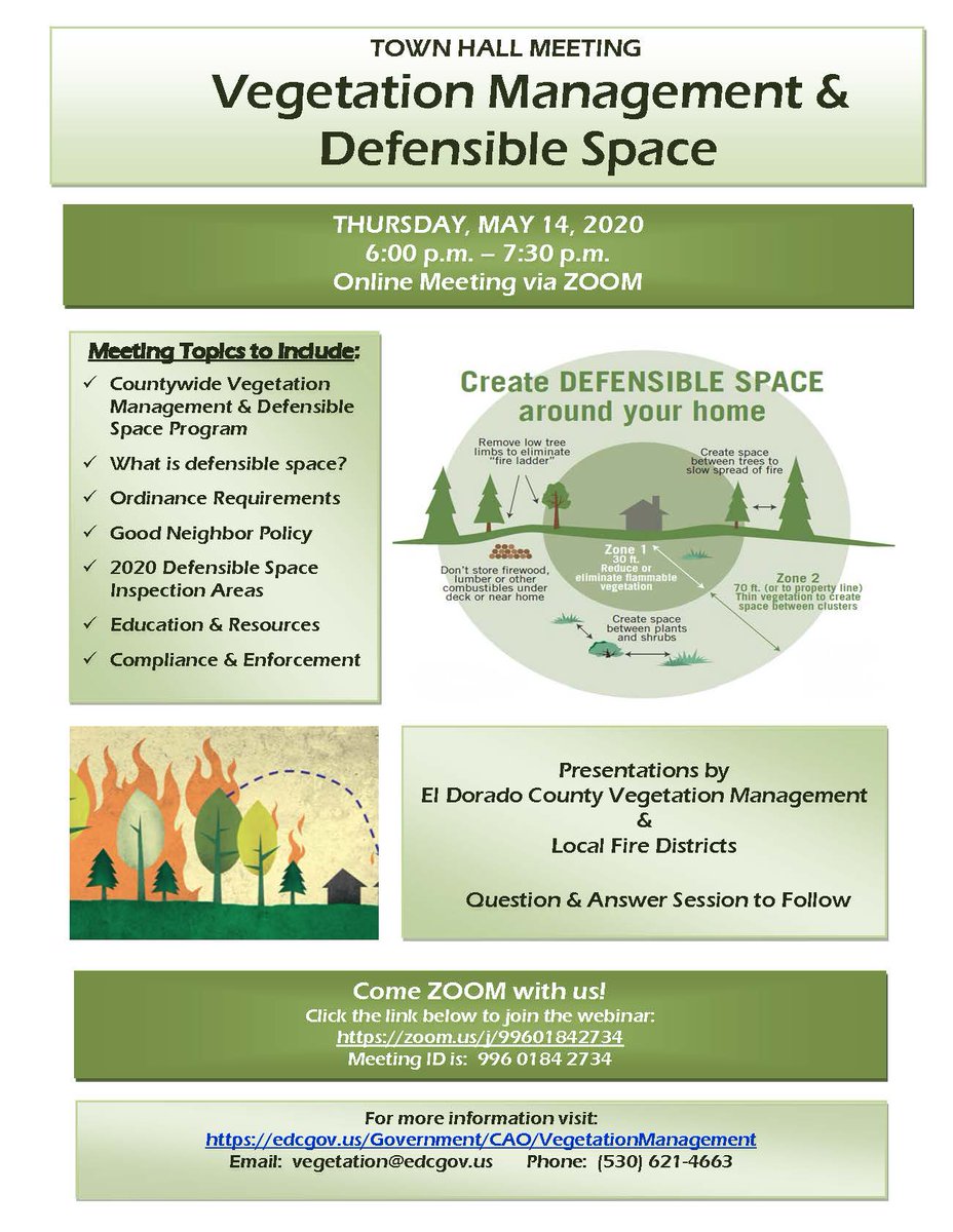 DSEDFire's tweet photo. El Dorado County Vegetation Management is partnering with Local Fire Districts, including #DSEDFire, to conduct a Town Hall Meeting regarding vegetation management and defensible space. Please mark your calendars for this chance to learn more and ask questions. Details below: https://t.co/ba1475TZ4U