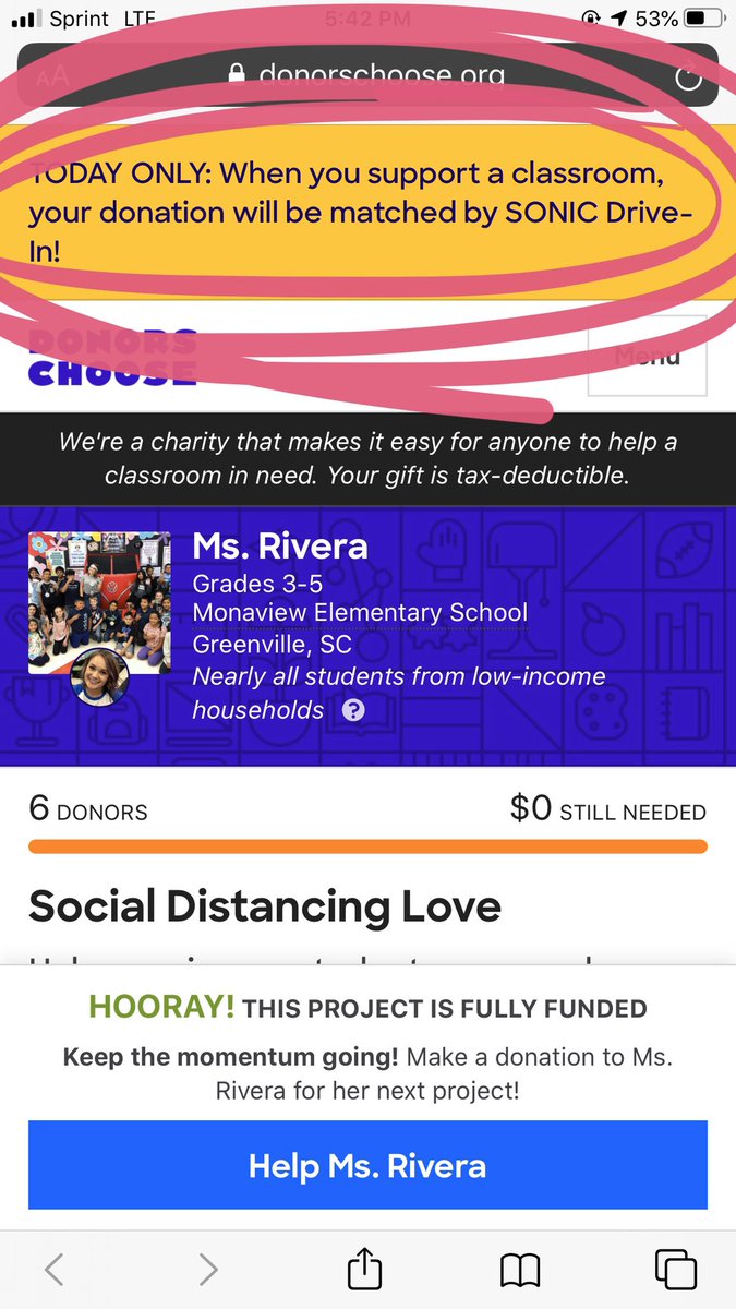 SRivera0212's tweet photo. Thank you @sonicdrivein for matching donations today on @DonorsChoose !!! My project is now fully funded! Also- your cherry limeades give me LIFE. 😍 https://t.co/h9vE6RhiJg