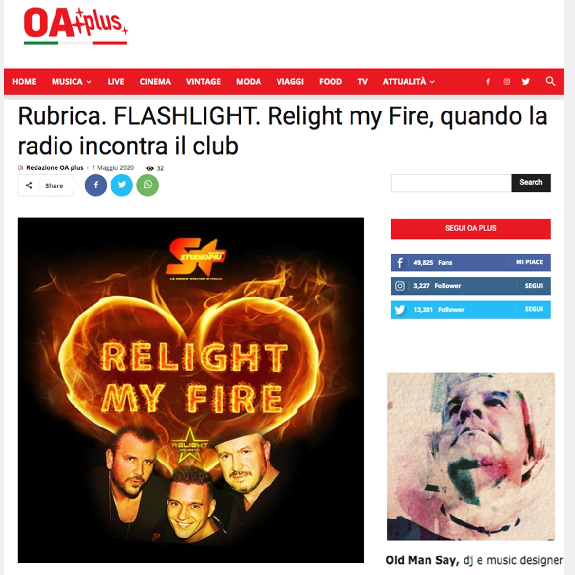 Thanks to OA plus for Old man say review about our radio program #RelightMyFire, on air every Sunday on Radio Studio Più. oasport.it/oaplus/attuali…