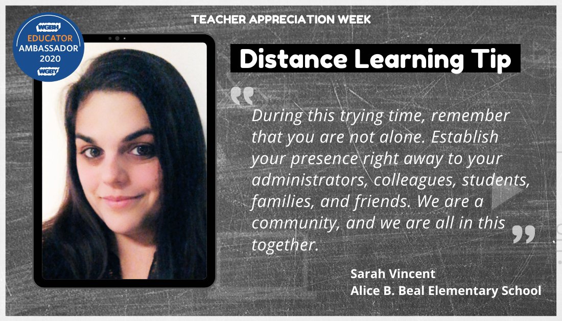 gbheducation's tweet photo. For #TeacherAppreciationWeek, our @wgbh/ @wgby Educator Ambassadors are sharing a few helpful #DistanceLearningTips to cheer on their fellow teachers.
Hear what @SpringfieldK12's Sarah Vincent has to say! https://t.co/X6IbGhXYBu