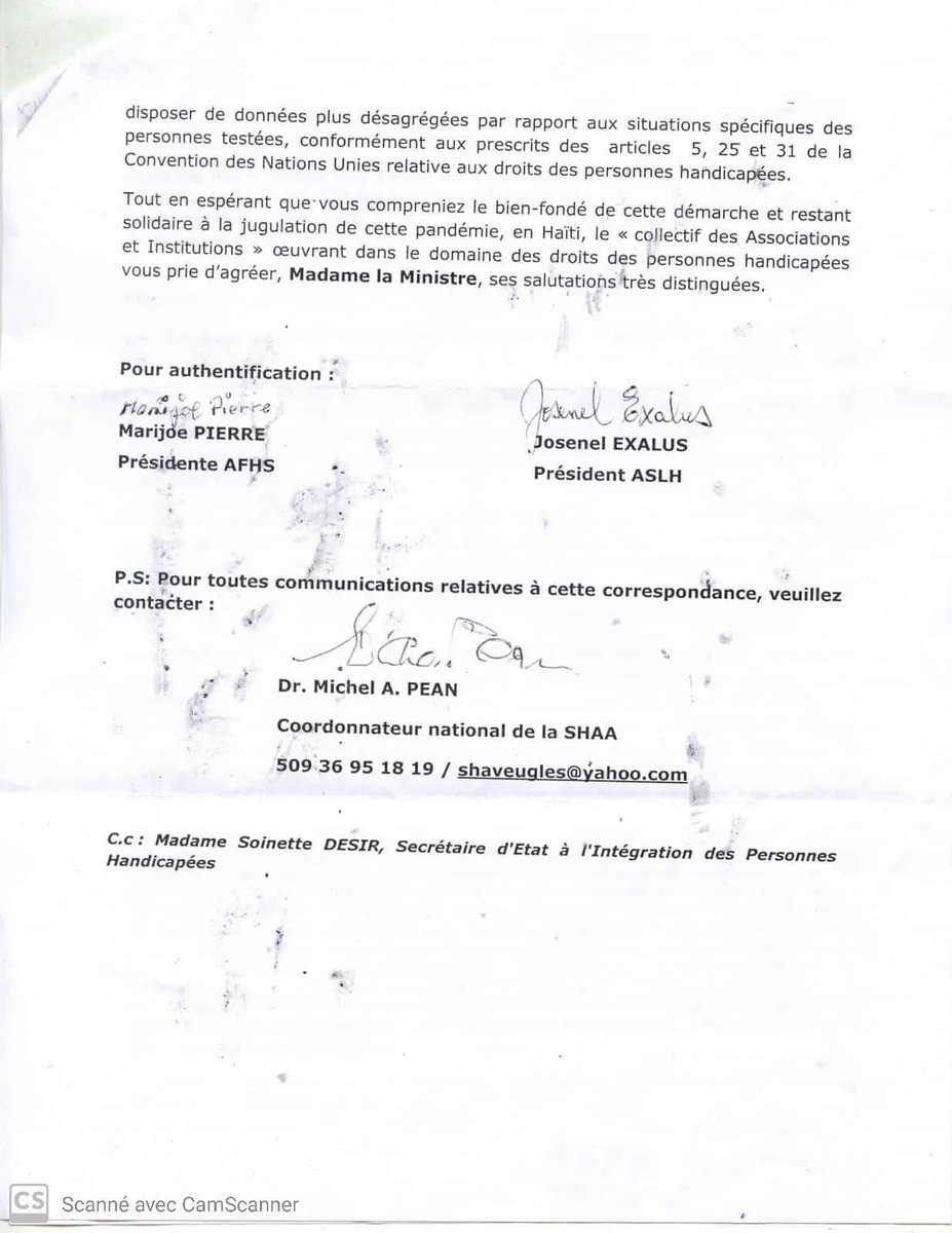 joanngarnier's tweet photo. Lettre adressée par les associations de #PersonnesHandicapees au @MsppOfficiel pour que la réponse au #COVID19 soit inclusive et tiennent compte de leurs besoins spécifiques et des #droitshumains #DRFGrantees #Haiti https://t.co/P0VFUSbbmj