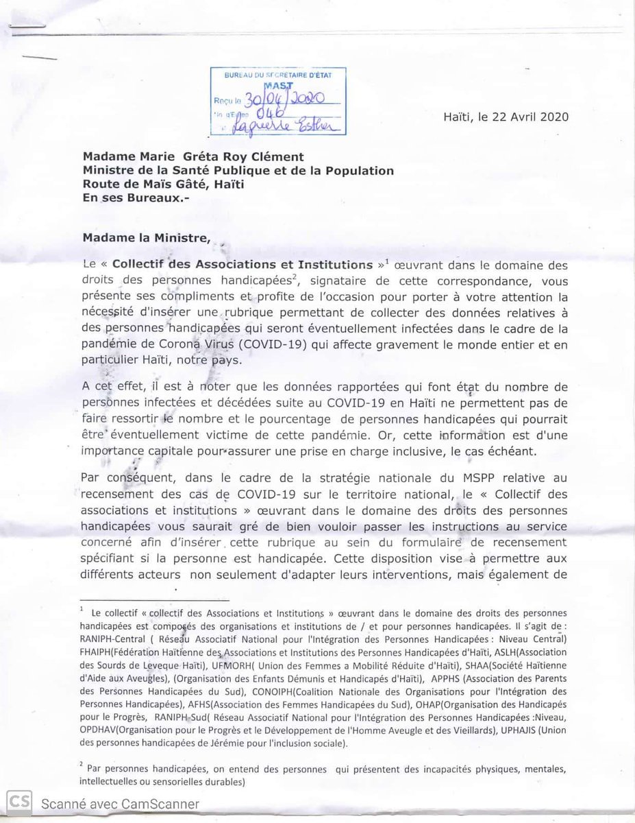 joanngarnier's tweet photo. Lettre adressée par les associations de #PersonnesHandicapees au @MsppOfficiel pour que la réponse au #COVID19 soit inclusive et tiennent compte de leurs besoins spécifiques et des #droitshumains #DRFGrantees #Haiti https://t.co/P0VFUSbbmj