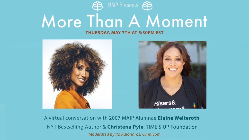 TIMESUPNOW's tweet photo. This Thursday, 5/7: Catch @ElaineWelteroth and #TIMESUPAD's @cjpyle in conversation about their meeting at @MAIP, and how they've turned crisis into confidence while navigating their careers. RSVP here: https://t.co/gG3T1B1TKH https://t.co/MfbXibpbuT