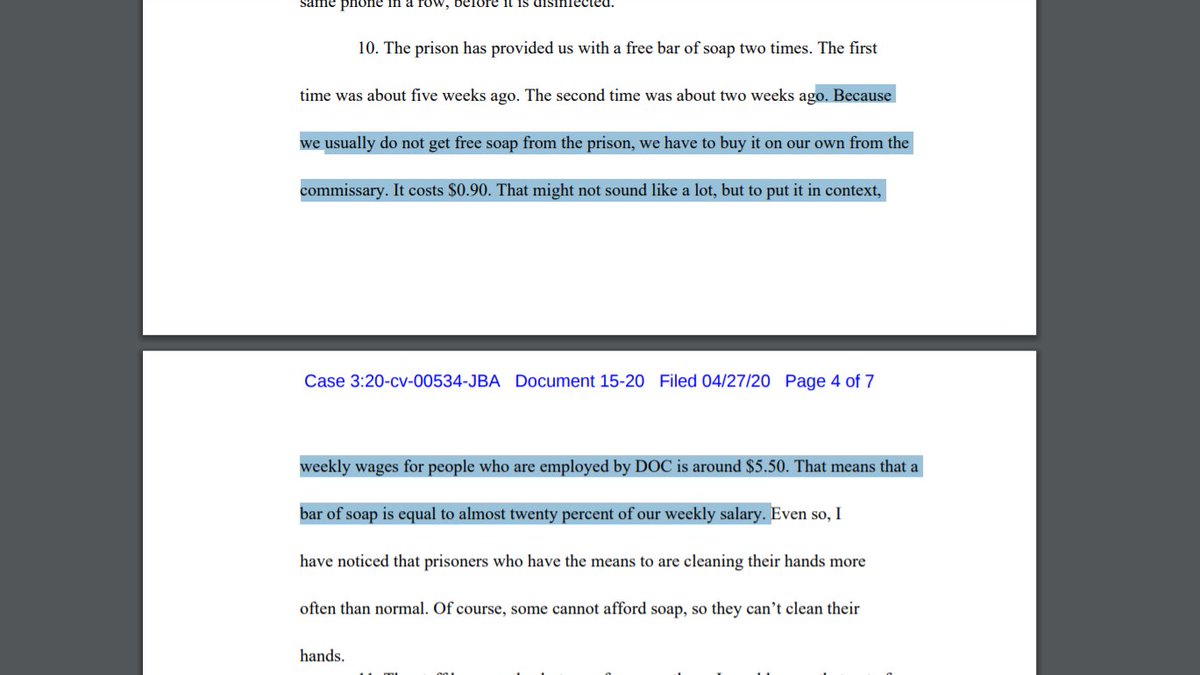 PDF reads in part: "Bc we usually do not get free soap from the prison, we have to buy it on our own from the commissary. It costs $0.90. That might not sound like a lot, but to put it in context, weekly wages for people who are employed by the DOC is around $5.50. That means a bar of soap is equal to almost 20% of our weekly salary."