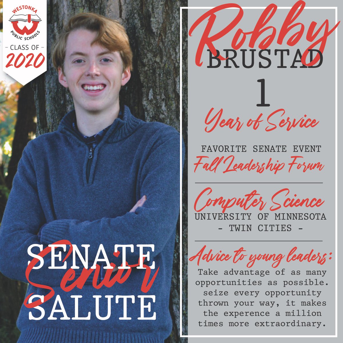 MWHSSenate's tweet photo. Our first salute: @robbrustad has served only one year but in that time he has become a crucial member. Our biggest regret is not having him longer! Robby- we salute you and thank you for your year of service! The @UMNTwinCities is lucky to have you next year! #mwhspride https://t.co/JhDvhnfrhi