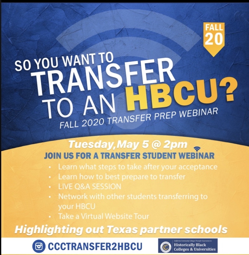 BCC_CTC's tweet photo. CCCTRANSFER2HBCU is hosting an informational webinar for community college students hoping to transfer to a Historically Black College/University. Please see the following link for information on how to sign up for the webinar: https://t.co/ygVVOIRrgU https://t.co/URXsSRbelI