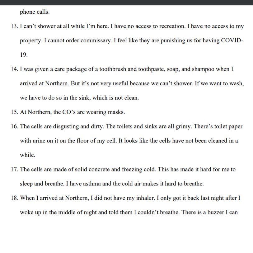 PDF reads in part: "I can't shower at all while I'm here...I cannot order commissary. I feel like they are punishing us for having COVID-19. I was given a care package of a toothbrush and toothpaste, soap, and shampoo when I arrived at Northern. But it's not very useful because we can't shower. If we want to wash, we have to do so in the sink, which is not clean."