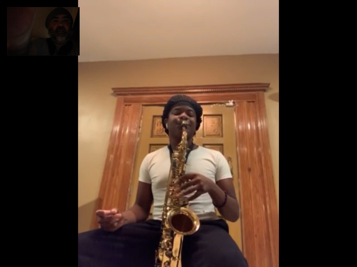 JazzEmpowers's tweet photo. Elijah and Mr. Fernandez from Community Roots Brooklyn are getting into the groove of Zoom lessons this #VirtualTuesday! Now more than ever we are reminded of the importance of accessibility and connection for our staff and students. https://t.co/BZfo37PhG9