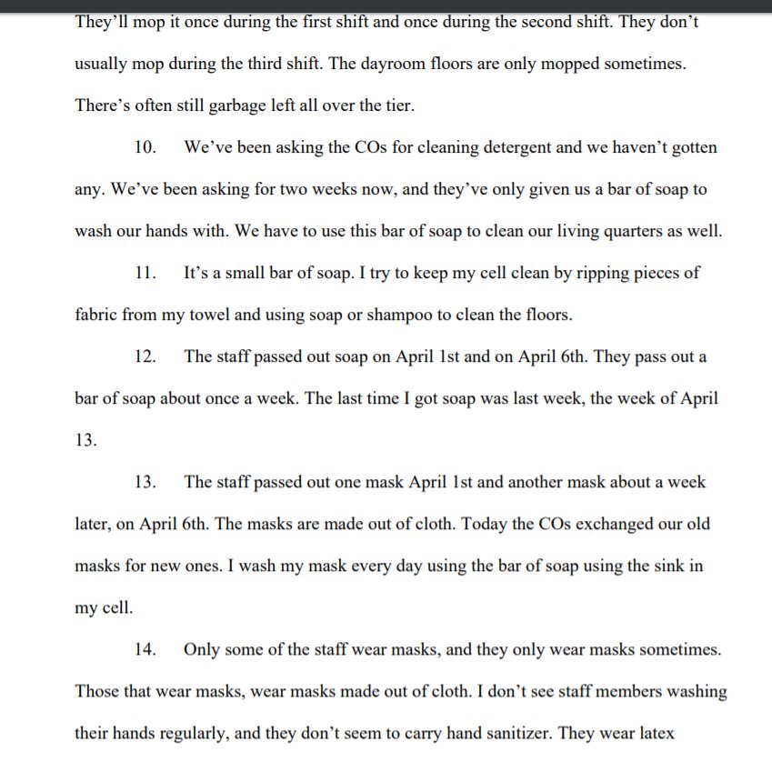 PDF reads in part: "We have to use this bar of soap to clean our living quarters as well. It's a small bar of soap. I try to keep my cell clean by ripping pieces of fabric from my towel and using soap or shampoo to clean the floors."