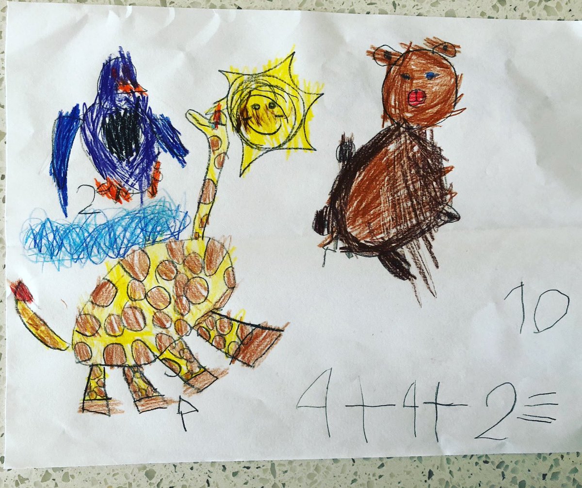 curiouskinders's tweet photo. We saw ten legs at the zoo. What animals could we have seen? What are the different solutions you can come up with for this problem? Here’s one kinder’s solution to our animal mystery! #fcsinspired #cbemath https://t.co/aGAVA0iTYq