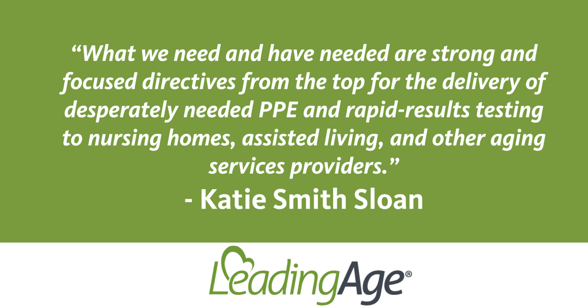 LeadingAge's tweet image. "What we need and have needed are strong and focused directives from the top for the delivery of desperately needed PPE and rapid-results testing..." Read our full statement on reports of the White House #coronavirus task force wind-down. bit.ly/2L26FYi #LeadingAgeVoice