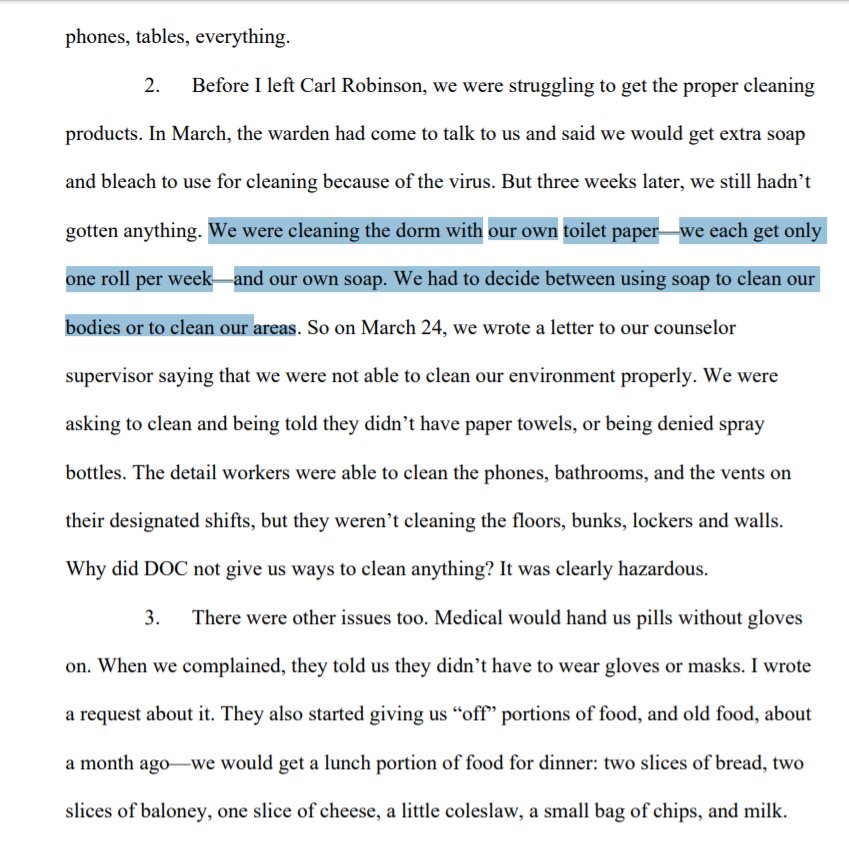 PDF reads in part: "We were cleaning the dorm with our own toilet paper -- we each get only one roll per week -- and our own soap. We had to decide between using soap to clean our bodies or to clean our areas."