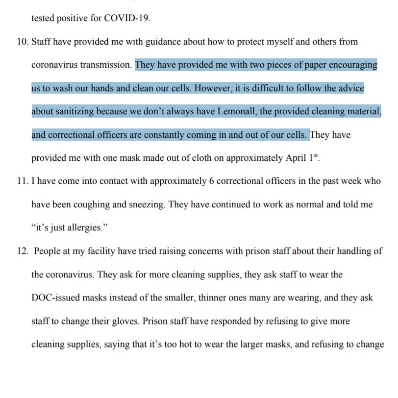 PDF reads in part: "They have provided me with two pieces of paper encouraging us to wash our hands and clean our cells. However, it is difficult to follow the advice about sanitizing because we don't always have Lemonall, the provided cleaning material, and correctional officers are constantly coming in and out of our cells."