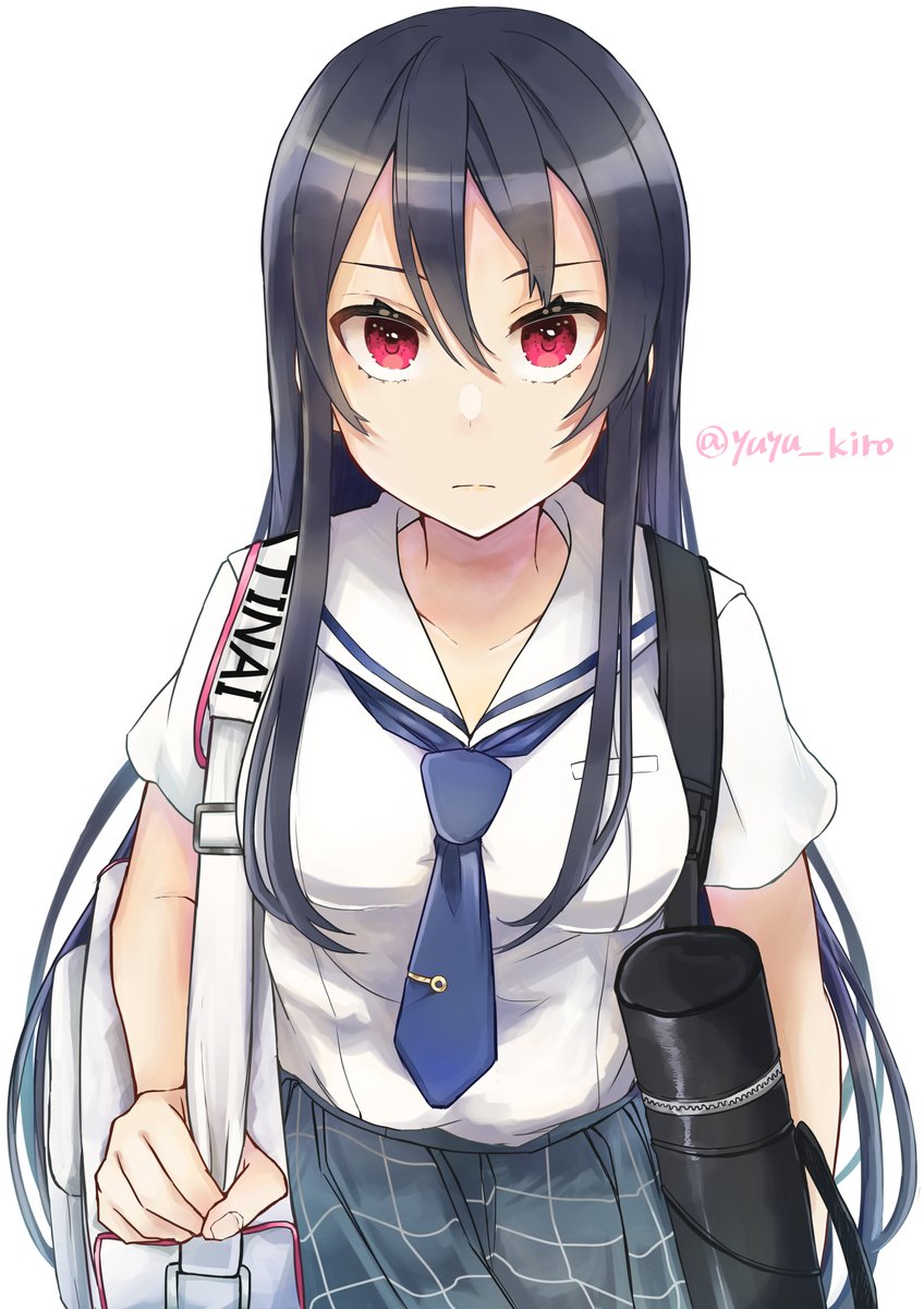 1girl black hair long hair red eyes solo skirt school uniform  illustration images