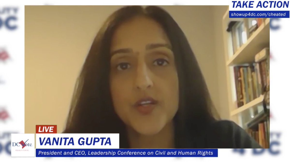 Screenshot of Vanita Gupta on DC Vote's virtual town hall.