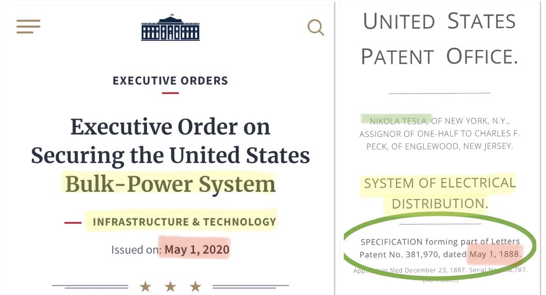 So what's going on with Patent number 381,970 at the moment? Well here with have the information about this patent. Are we in for a big surprise soon? As you can see from the image below its linked to the Whitehouse.  https://patentyogi.com/technology/nikola-tesla-patent-10-system-of-electrical-distribution-us-381970/