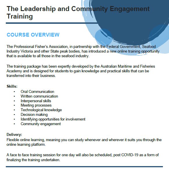 SydFishMarket's tweet image. The Leadership and Community Engagement Training is open and available to anyone in the seafood industry at no cost.  For further information or to register please contact Professional Fisher’s Association admin@pfai.com.au by Friday 22 May 2020