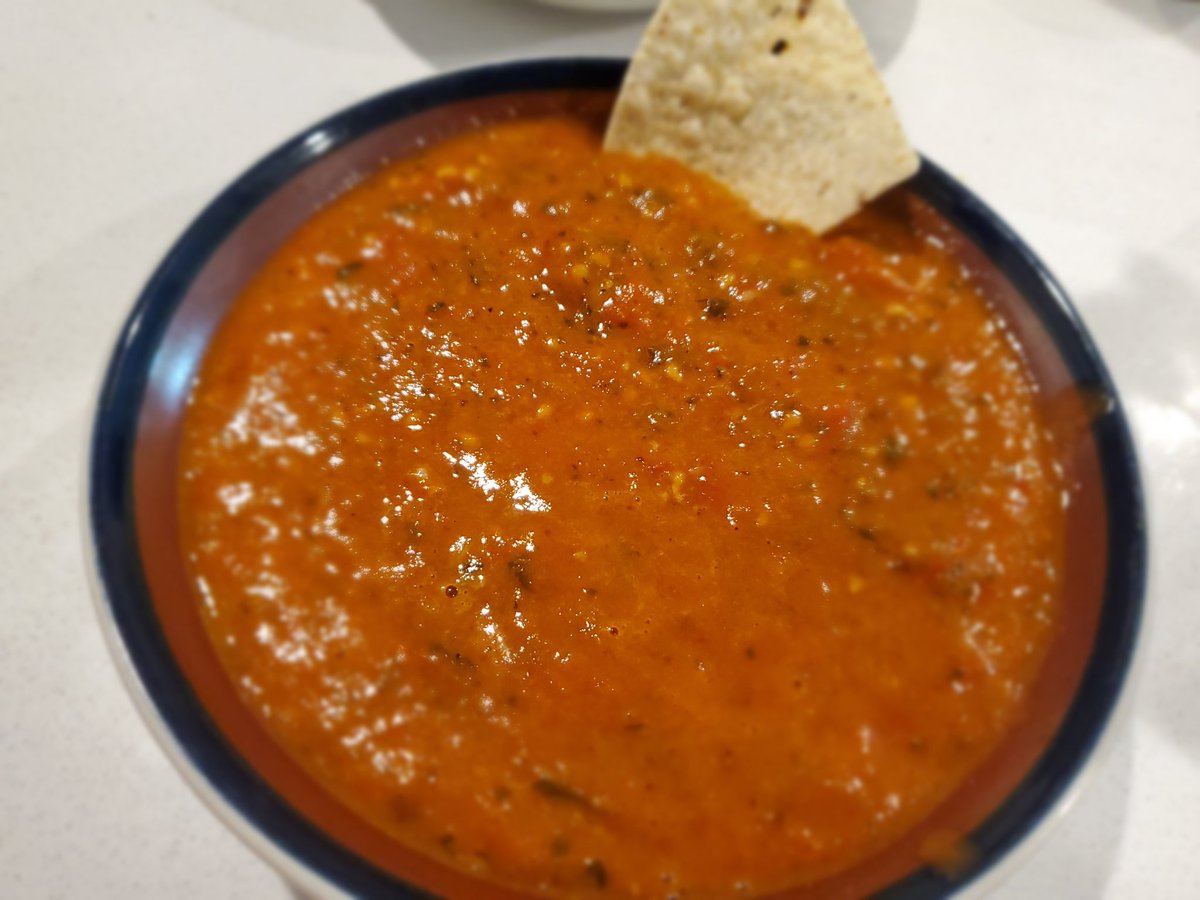 Roasted veggie salsa, country bread loaf, roasted red pepper and gouda soup, chipotle chicken.
