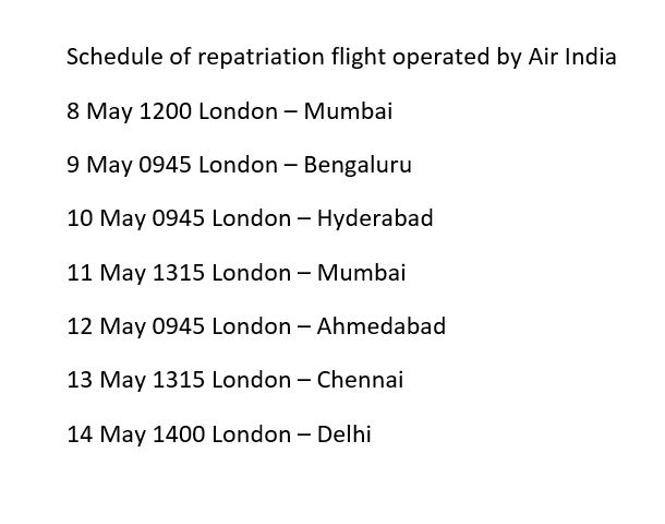 HCI_London's tweet photo. Schedule of repatriation flights operated by Air India. Fares for Mumbai and Delhi have been notified earlier. Fares for other sectors will be announced soon. @RuchiGhanashyam @CGI_Bghm @IndiaInScotland https://t.co/rHTkXhzHpp