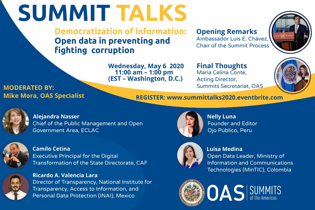 SummitAmericas's tweet photo. 👩🏽💻TOMORROW | Summit Talks - Democratization of Information: Open Data in Preventing and Fighting Corruption
🗓️WEDNESDAY, May 6th
⌚️11:00 EDT (15:00 GMT)
🌐https://t.co/GQVb4Maj1L
ℹ More Info ⬇️
#LimaCommitment
#MoreDataLessCorruption #COVID19 https://t.co/59D1G3d04w