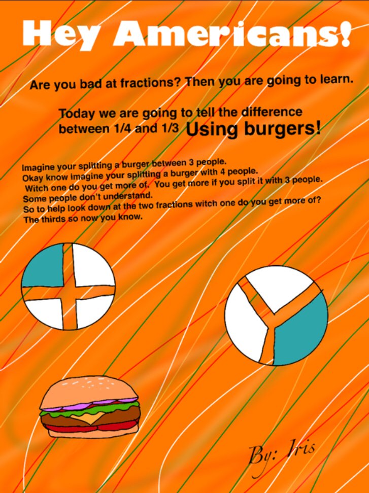 msking227's tweet photo. 4K students convincing us that 1/3 lb burger is larger than a 1/4 burger #UpAtLincoln #OakPark97 #FractionsAreFun https://t.co/N0gQICBX5o