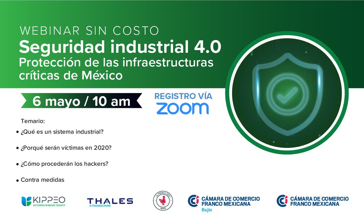 KIPPEO_Tech's tweet photo. KIPPEO y la CFM te invitamos a este webinar gratuito "Seguridad Industrial 4.0 Protección de las infraestructuras críticas de México" 
Regístrate y accede mañana a través de zoom.
#webinar #cybersecurity #ciberseguridad #predictivedefense #ciberdefensa #ciberataques https://t.co/ydnOzeQKqg