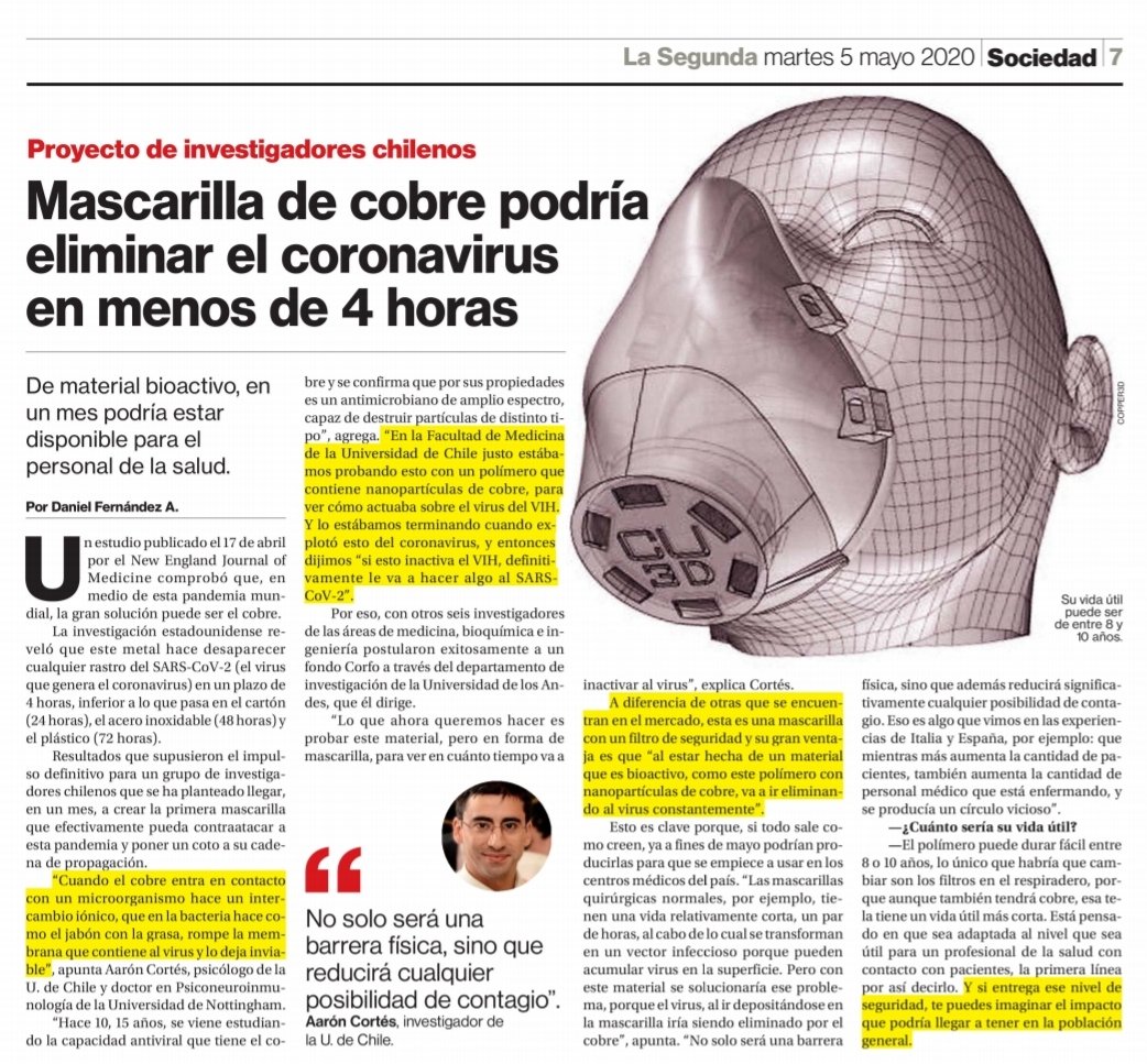 #Mascarilla de #cobre podría eliminar el coronavirus en menos de 4 horas.
La <a href="/uandes/">UANDES</a> y <a href="/copper3d_chile/">Copper3D_Chile</a>, uno de los ganadores del Reto de #Innovación #COVID19, de <a href="/Corfo/">Corfo</a>, desarrollaron este producto que en un mes podría estar disponible en #Chile.

#MineroDigital. #Copper #Minería