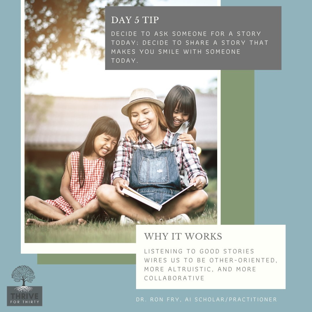 DLCCenterforAI's tweet photo. Day 5 #Thrivefor30  tip comes from Dr. Ron Fry: Decide to ask someone for a story today; decide to share a story that makes you smile with someone today. 

Who doesn't love a good story and a reason to smile? So, what story do you have that brings a smile to your face? 
Tell us! https://t.co/ShEBCFRn2P